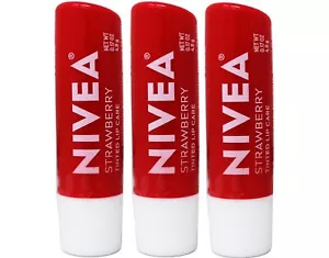 NIVEA Strawberry Lip Care Tinted Lip Balm for Beautiful Soft Lips 0.17 Oz 3 Pack - Picture 1 of 3