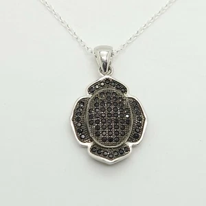 New Sterling Silver Micro Pave Black Spinel Flower 18" In Chain Pendant Necklace - Picture 1 of 11