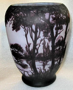 Daum, Nancy signed acid etched cameo glass vase moonlight landscape, 8 3/4" H - Picture 1 of 13