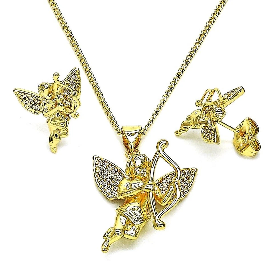 PENDIENTE COLGANTE CHAPADO EN ORO 14K CADENA 18" CONJUNTO ÁNGEL CON PAVÉ BLANCO ALAS CIRCONITA M565 Foto 1 de 1