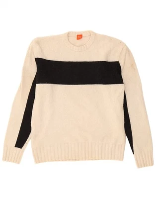 HUGO BOSS Mens Crew Neck Jumper Sweater Large Off White Colourblock Wool BL04 - Image 1 of 4