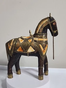 Vintage handgeschnitzt Holz Kupfer Messing Intarsien Perle Elfenbein Teak Pferd Statue - Bild 1 von 16