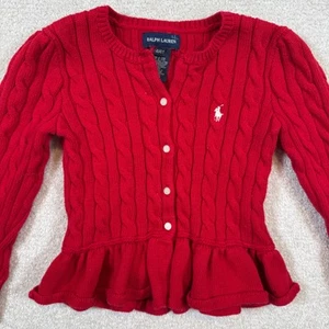 Ralph Lauren Cable Knit Cardigan Ruffle Hem Red 4/4T Toddler Girl - Picture 1 of 4