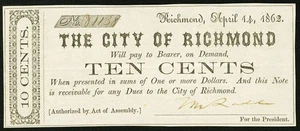 Richmond, VA veraltete Währung - Stadt Richmond 10 ¢ Apr. 14, 1862 - Bild 1 von 2