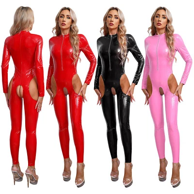 DE Freebily Damen Wetlook Catsuit Overall Glänzend Lackleder Jumpsuit Clubwear - Bild 1 von 4