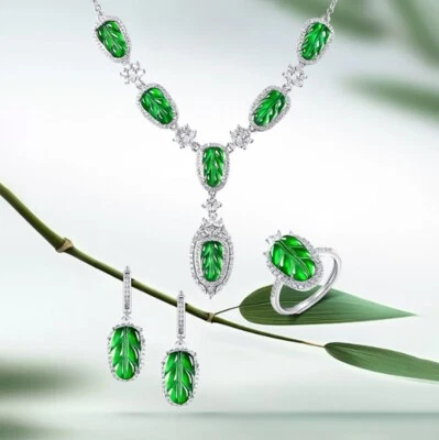 Ice Green Natural A Jade jadeite 925 Silver Inlay Pendant Necklace Ring Earrings - Image 1 of 4