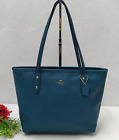 Coach City Tote Teal Blue Leather Double Handles Zipper Tote Bag