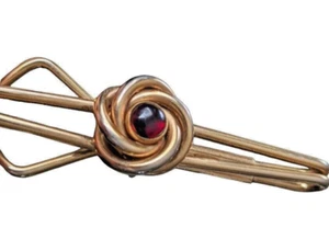 VTG Swank Love Knot Tie Bar Red Stone Gold Filled Classic Hollywood Regency 30s - Picture 1 of 9