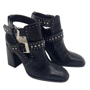 ZARA | Women’s Black Studded Strappy Croc Embossed Heeled Buckle Booties size 37 - Picture 1 of 13