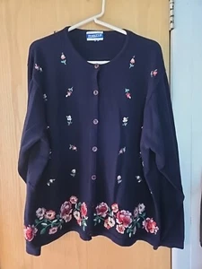 Pendelton Plus Womens XL Embroidered Floral Blue Sweater Cardigan Top - Picture 1 of 6