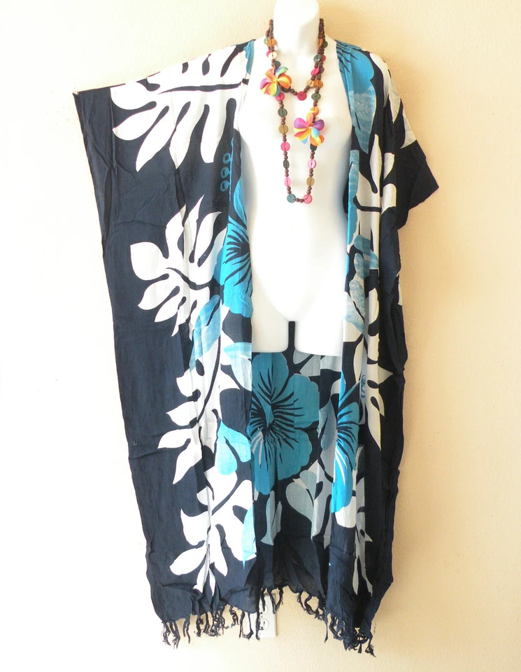 CD703 Blue Floral Rayon Batik Plus Size Open Duster Maxi Women Cardigan up to 5X - Image 1 of 1