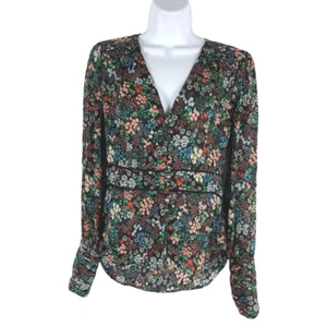 Veronica Ripley Blouse Top Size 2 Ruched Floral Silk Long Sleeve V-Neck TP-2446 - Picture 1 of 9