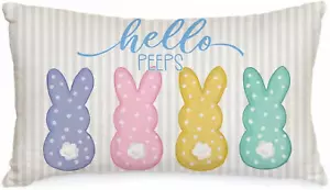 Easter Pillow Cover 12X20 Inch Striped Bunny Hello Peeps Decorations Holiday Far - Picture 1 of 12