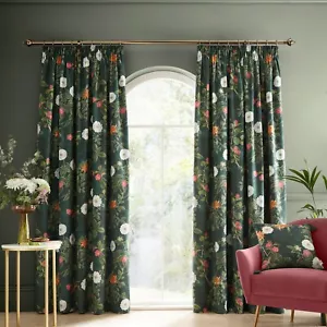 RHS Arcadia Floral Terciopelo Completamente Forrado Lápiz Plisado Cortinas Par Verde - Imagen 1 de 52