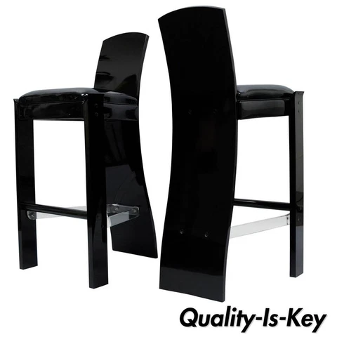 Pair of Black Lucite Hill Mfg. Mid Century Modern Curved Sculptural Bar Stools Cover
