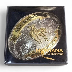 Fibbia cintura rodeo vintage Montana argentiere RMI Roundup argento oro #S82833A12 - Foto 1 di 10