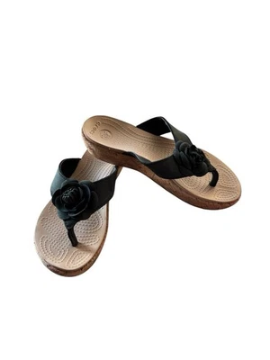 Crocs Size 7 A Leigh Flower Leather Flip Flop Sandal Cork Platform Wedge Black - Image 1 of 4
