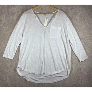 Nuevo con etiquetas Top Anthropologie Burdeos Mujer Blanco Mezcla de Lino Cuello en V Manga 3/4 Grande - Imagen 1 de 8