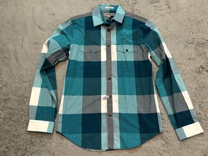 Express Shirt Mens Small Teal Plaid Fitted Long Sleeve Casual Career Office - Picture 1 of 5