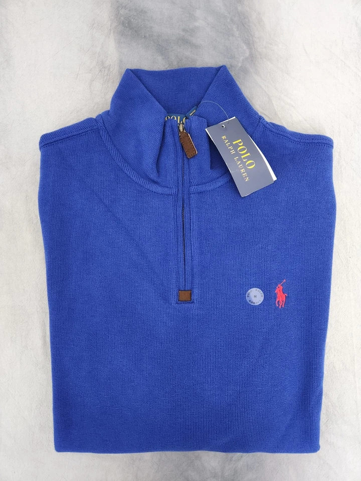 Polo Ralph Lauren Quarto Zíper Azul Vermelho Suéter Pônei Masculino Tamanho Médio Novo - Imagem 1 de 4