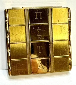 Majestuoso contenedor de maquillaje compacto vintage tono dorado con almohadilla espejo letras griegas - Imagen 1 de 4