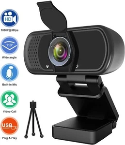 1080P HD Webcam with Microphone/Privacy Cover/Tripod-30FPS Streaming, 110° Angle - Picture 1 of 7