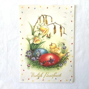 Vintage Easter Postcard Dutch “Vrolijk Paasfeest” Chick Flowers Eggs Gold Letter - Picture 1 of 8