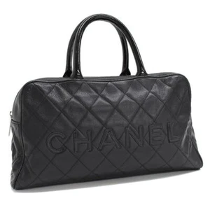 Chanel Matelasse Boston Bag Bowling Caviar Skin Leather Black Authentic - Picture 1 of 9