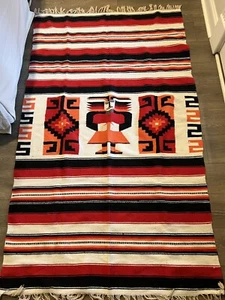 Vintage Wolle Handgewebt Teppich Yei Thunderbird Design Southwest Creme Rot Schwarz 4x6 - Bild 1 von 5