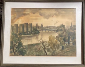 ::AQUARELL  MONOGR. H BLICK AUF STADT MIT FLUß UND BRÜCKE DRESDEN ELBE - Bild 1 von 7