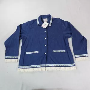 April Cornell Denim Jacket Womens Medium Navy Blue Floral Lace Trim Cottage Core - Picture 1 of 20