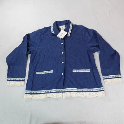 April Cornell Denim Jacket Womens Medium Navy Blue Floral Lace Trim Cottage Core - Image 1 of 4
