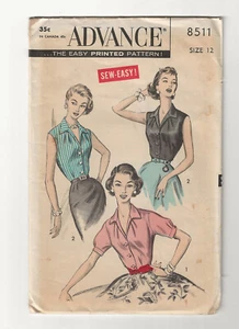VTG 1950’s Advance 8511 Sleeveless or Short Sleeved Blouse Sewing Pattern Sz 12 - Picture 1 of 2