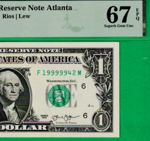 $1 Federal Reserve Note BIRTH YEAR Serial Number 19999942 OR 1999994-2 PMG 67 - Picture 1 of 3