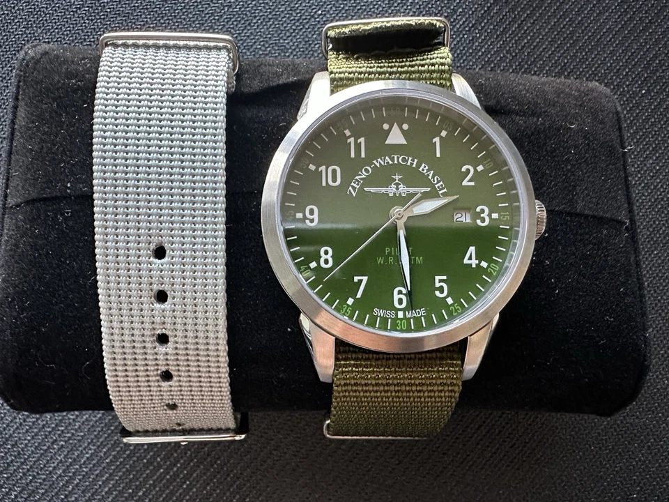 Zeno Watch Basel Pilot Aviator Fliegeruhr Green Gray Canvas Swiss Made Men Watch - Image 1 of 1