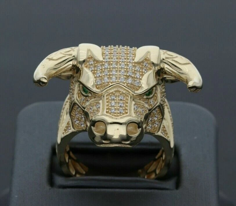 Anillo banda toro hip hop diamante corte redondo 2,00 quilates enchapado en oro amarillo de 14 k para hombre Foto 1 de 4