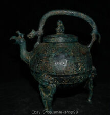 10" Old Chinese Bronze Ware Dynasty Palace Dragon Handle Phoenix Wine Pot