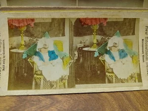 GIRL CAT COLORED Educational Series Stereoview PHOTO Card 1800's Stereoptic - Picture 1 of 3