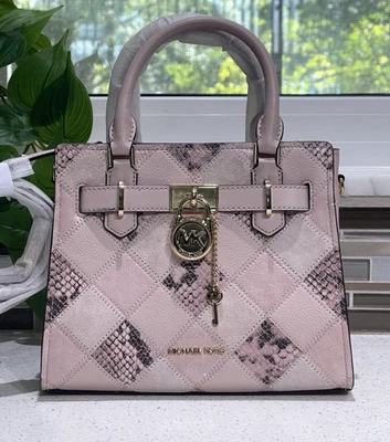 MICHAEL KORS HAMILTON SMALL SATCHEL KEY LOCK MK PATCHWORK BLUSH PINK SNAKE PRINT - Image 1 of 4