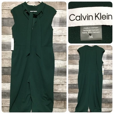 Calvin Klein Sleeveless Wide Leg Jumpsuit Women 14 Green Tie Neckline Inseam 24 - Image 1 of 4