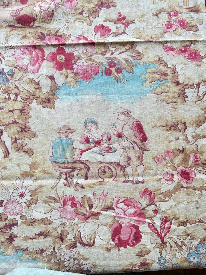 Tissu Ancien Coton Imprimé XIXème Campagne Violant Fleurs Roses Fête Village - Photo 1/4