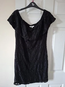 Peacocks Black Mini Lace Dress Off The Shoulder Bodycon Dress Size 14 UK - Picture 1 of 4