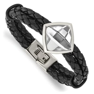 Stainless Steel Polished with Glass Stone Braided Leather 8in Bracelet - Picture 1 of 3