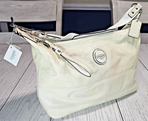 ! COACH Signature Hobo Bag Cream Patent Leather Top Zip Shoulder Purse F17421 ! - Picture 1 of 23