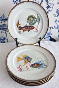 Set/5 Winterling Roslau Fish Plates 9.5"D Bavaria Germany Gold Rim VIBRANT Color - Picture 1 of 15