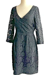 J Crew UK Women’s Faux Wrap Dress Black Lace Long Sleeve Size L - Picture 1 of 17