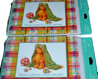 BABY SHOWER Invitations TEDDY BEAR Blanket Plaid 2X8 Hallmark Vintage 16 NIP - Image 1 of 2