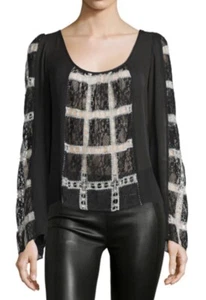Elizabeth & James Pintuck Adriana Long Sleeve Top Black/ Ivory Sz XL - Picture 1 of 10