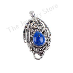 925 Solid Silver Lapis Lazuli Gemstone Dragon Jewelry Pendant 1.55" For Success