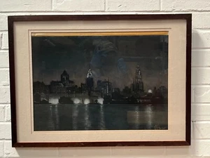 Nacht Stadtbild von M.Hanson gerahmtes Kunstwerk 21 x 29" #JG - Bild 1 von 5